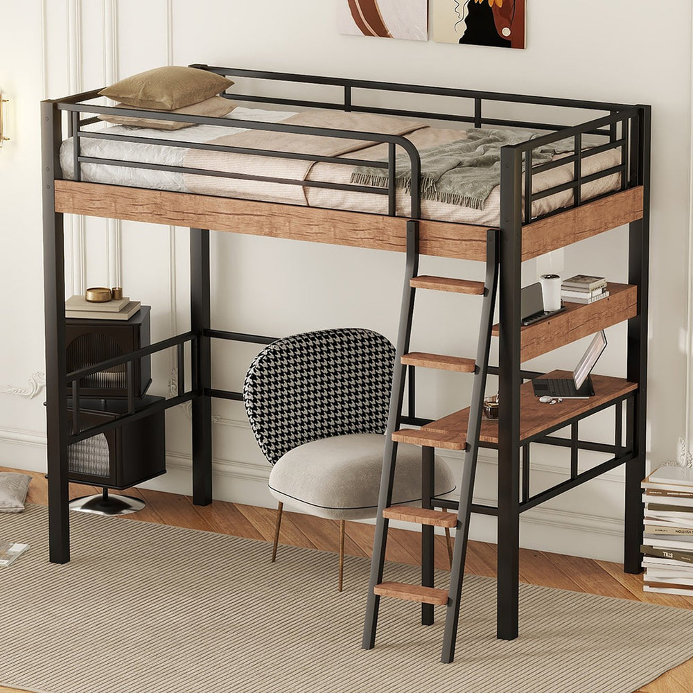 English Elm Metal Twin Loft Bed with Built-In Desk, Storage Shelf & Ladder — Industrial Space-Saving Design, Sturdy GX001119AAB