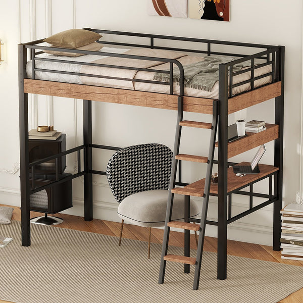 English Elm Metal Twin Loft Bed with Built-In Desk, Storage Shelf & Ladder — Industrial Space-Saving Design, Sturdy GX001119AAB