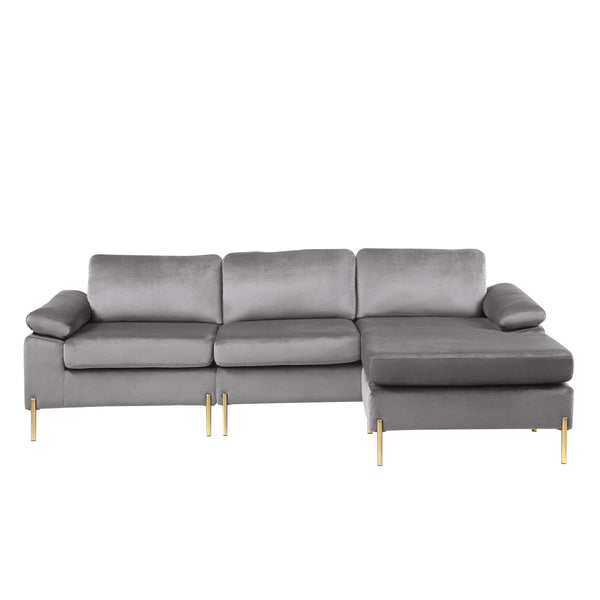 English Elm Shannon Plush Velvet Sectional Sofa with Chaise — L-Shaped Modern Design, Removable Cushions, Foam Support Gray B102S00011