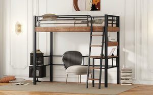 English Elm Metal Twin Loft Bed with Built-In Desk, Storage Shelf & Ladder — Industrial Space-Saving Design, Sturdy GX001119AAB
