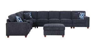 English Elm Lily Chenille Sectional Sofa with Ottoman, Black | USB Cupholder Console, Removable Cushions, Modular B102S00033