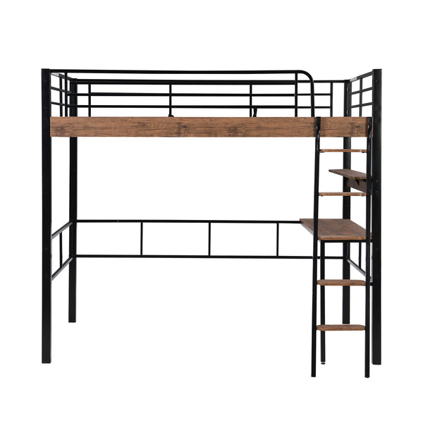 English Elm Metal Full Size Loft Bed with LED Light, Built-In Full-Length Desk, Storage Shelf & Ladder — Space-Saving Industrial Black, Sturdy Metal Frame for Study & Sleep GX001120AAB