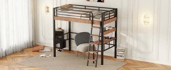 English Elm Metal Twin Loft Bed with Built-In Desk, Storage Shelf & Ladder — Industrial Space-Saving Design, Sturdy GX001119AAB