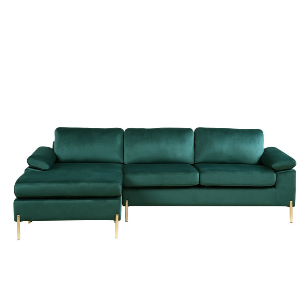 English Elm Shannon Plush Velvet Sectional Sofa with Chaise — L-Shaped Modern Design, Removable Cushions, Foam Support Green B102S00013