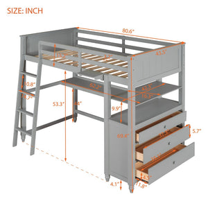 English Elm Twin Pine Wood Loft Bed with Built-in Desk Drawers and Shelf for Kids Rooms LT001530AAE-1