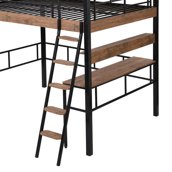 English Elm Metal Full Size Loft Bed with LED Light, Built-In Full-Length Desk, Storage Shelf & Ladder — Space-Saving Industrial Black, Sturdy Metal Frame for Study & Sleep GX001120AAB