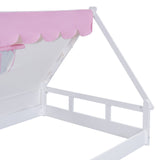 Hearth and Haven Wooden Full Size Tent Bed with Fabric For Kids, Platform Bed with Fence and Roof, White+Pink WF308364AAH