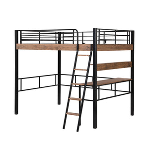 English Elm Metal Full Size Loft Bed with LED Light, Built-In Full-Length Desk, Storage Shelf & Ladder — Space-Saving Industrial Black, Sturdy Metal Frame for Study & Sleep GX001120AAB