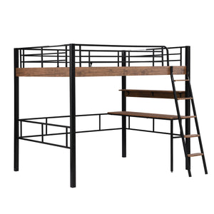 English Elm Metal Full Size Loft Bed with LED Light, Built-In Full-Length Desk, Storage Shelf & Ladder — Space-Saving Industrial Black, Sturdy Metal Frame for Study & Sleep GX001120AAB
