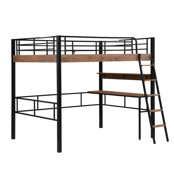 English Elm Metal Full Size Loft Bed with LED Light, Built-In Full-Length Desk, Storage Shelf & Ladder — Space-Saving Industrial Black, Sturdy Metal Frame for Study & Sleep GX001120AAB