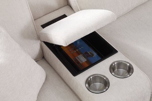 English Elm Rene Beige Chenille Sectional Sofa with Ottoman, USB Cupholder Console, Removable Cushions, Versatile Rearrangeable Arms B102S00030