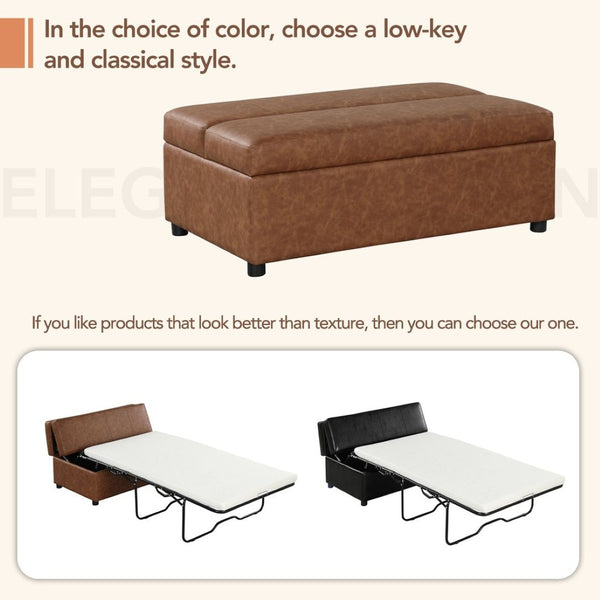 English Elm Twin Folding Ottoman Guest Sleeper Pu Leather Convertible Bed for Studio Apartments Brown WF307724AAD