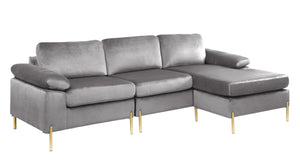 English Elm Shannon Plush Velvet Sectional Sofa with Chaise — L-Shaped Modern Design, Removable Cushions, Foam Support Gray B102S00011