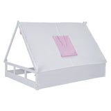 Hearth and Haven Wooden Full Size Tent Bed with Fabric For Kids, Platform Bed with Fence and Roof, White+Pink WF308364AAH