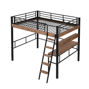 English Elm Metal Full Size Loft Bed with LED Light, Built-In Full-Length Desk, Storage Shelf & Ladder — Space-Saving Industrial Black, Sturdy Metal Frame for Study & Sleep GX001120AAB