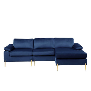 English Elm Shannon Plush Velvet Sectional Sofa with Chaise — L-Shaped Modern Design, Removable Cushions, Foam Support Blue B102S00012