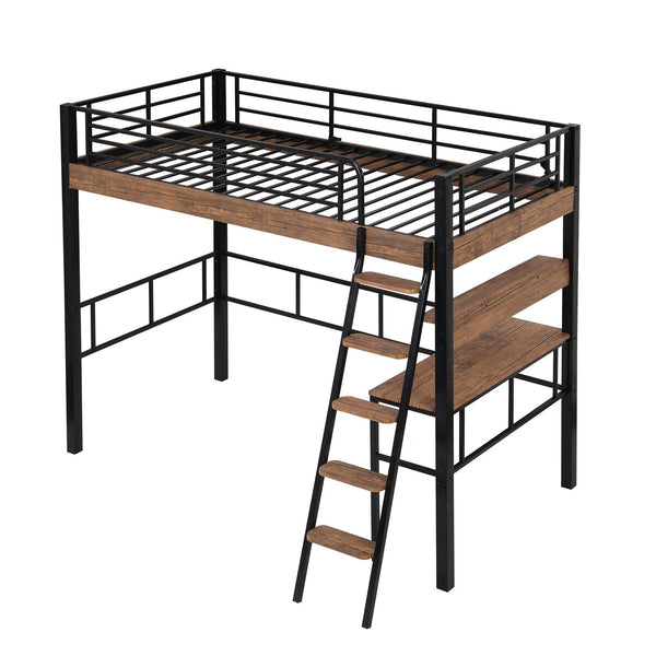 English Elm Metal Twin Loft Bed with Built-In Desk, Storage Shelf & Ladder — Industrial Space-Saving Design, Sturdy GX001119AAB
