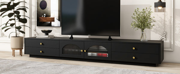 English Elm On-trend Fluted Glass Media Console Low Profile Matte Finish Living Room Tv Stand Black WF311903AAB