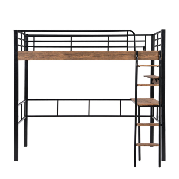 English Elm Metal Twin Loft Bed with Built-In Desk, Storage Shelf & Ladder — Industrial Space-Saving Design, Sturdy GX001119AAB