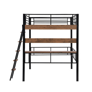 English Elm Metal Full Size Loft Bed with LED Light, Built-In Full-Length Desk, Storage Shelf & Ladder — Space-Saving Industrial Black, Sturdy Metal Frame for Study & Sleep GX001120AAB