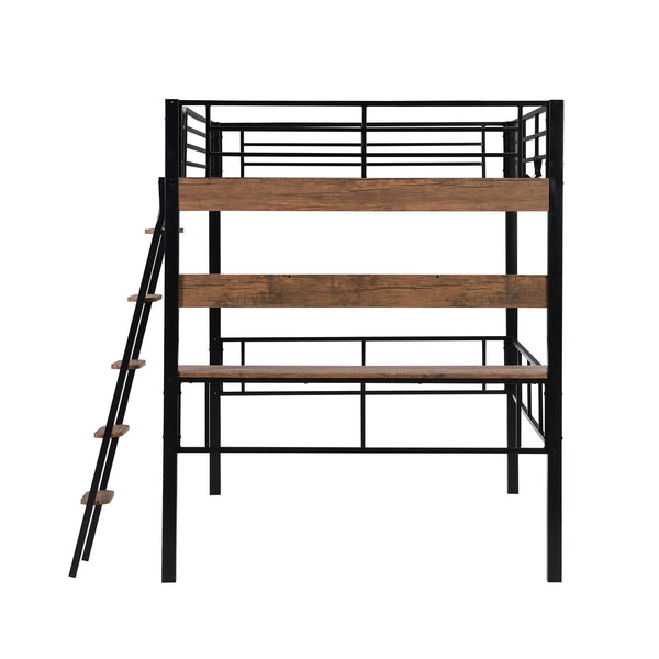 English Elm Metal Full Size Loft Bed with LED Light, Built-In Full-Length Desk, Storage Shelf & Ladder — Space-Saving Industrial Black, Sturdy Metal Frame for Study & Sleep GX001120AAB