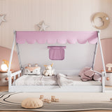 Hearth and Haven Wooden Full Size Tent Bed with Fabric For Kids, Platform Bed with Fence and Roof, White+Pink WF308364AAH