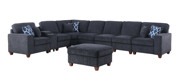 English Elm Lily Chenille Sectional Sofa with Ottoman, Black | USB Cupholder Console, Removable Cushions, Modular B102S00033