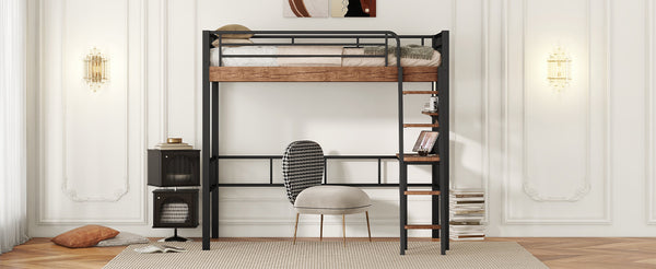 English Elm Metal Twin Loft Bed with Built-In Desk, Storage Shelf & Ladder — Industrial Space-Saving Design, Sturdy GX001119AAB