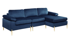 English Elm Shannon Plush Velvet Sectional Sofa with Chaise — L-Shaped Modern Design, Removable Cushions, Foam Support Blue B102S00012