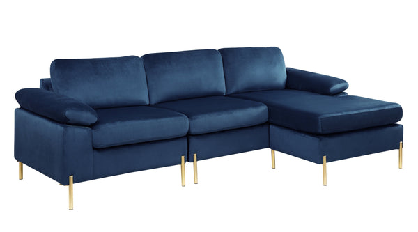 English Elm Shannon Plush Velvet Sectional Sofa with Chaise — L-Shaped Modern Design, Removable Cushions, Foam Support Blue B102S00012