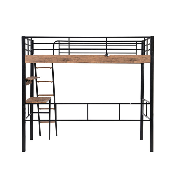 English Elm Metal Twin Loft Bed with Built-In Desk, Storage Shelf & Ladder — Industrial Space-Saving Design, Sturdy GX001119AAB