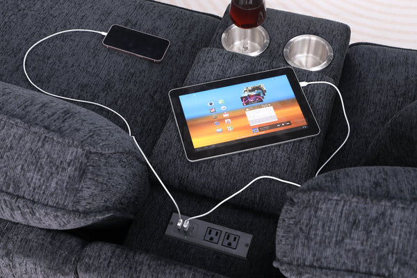 English Elm Lily Chenille Sectional Sofa with Ottoman, Black | USB Cupholder Console, Removable Cushions, Modular B102S00033