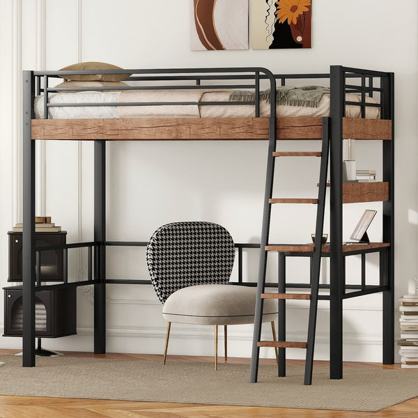 English Elm Metal Twin Loft Bed with Built-In Desk, Storage Shelf & Ladder — Industrial Space-Saving Design, Sturdy GX001119AAB