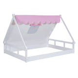 Hearth and Haven Wooden Full Size Tent Bed with Fabric For Kids, Platform Bed with Fence and Roof, White+Pink WF308364AAH