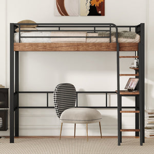 English Elm Metal Twin Loft Bed with Built-In Desk, Storage Shelf & Ladder — Industrial Space-Saving Design, Sturdy GX001119AAB
