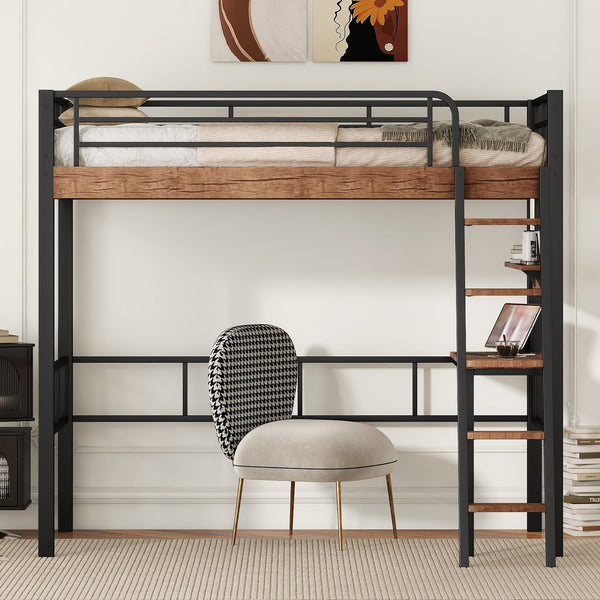 English Elm Metal Twin Loft Bed with Built-In Desk, Storage Shelf & Ladder — Industrial Space-Saving Design, Sturdy GX001119AAB