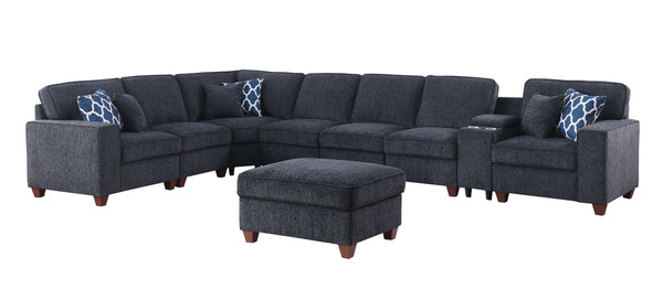 English Elm Lily Chenille Sectional Sofa with Ottoman, Black | USB Cupholder Console, Removable Cushions, Modular B102S00033