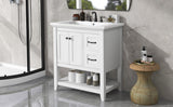 English Elm 30" Bathroom Vanity With Ceramic Sink Top, Vanity Cabinet With Multi-Functional Drawer, Solid Wood Legs, White