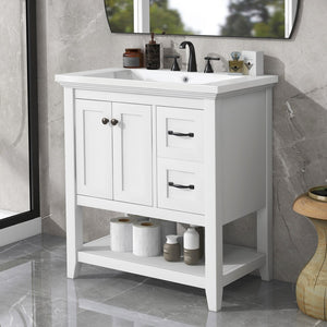 English Elm 30" Bathroom Vanity With Ceramic Sink Top, Vanity Cabinet With Multi-Functional Drawer, Solid Wood Legs, White