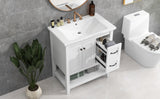 English Elm 30" Bathroom Vanity With Ceramic Sink Top, Vanity Cabinet With Multi-Functional Drawer, Solid Wood Legs, White