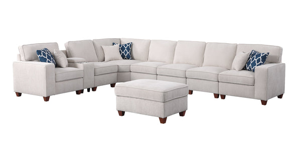 English Elm Ted Sectional Sofa with Ottoman Beige Chenille — USB Cupholder Console, Removable Cushions, Modular Comfort B102S00034