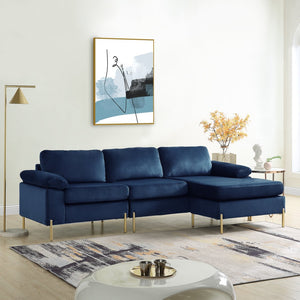 English Elm Shannon Plush Velvet Sectional Sofa with Chaise — L-Shaped Modern Design, Removable Cushions, Foam Support Blue B102S00012