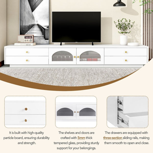 English Elm On-trend Fluted Glass Media Console Low Profile Matte Finish Living Room Tv Stand White WF311903AAK