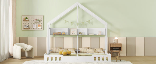 English Elm Wood Twin House Platform Beds with Twin Side-by-Side Design, Guardrails & Built-In Shelves, Creamy White WF310564AAA