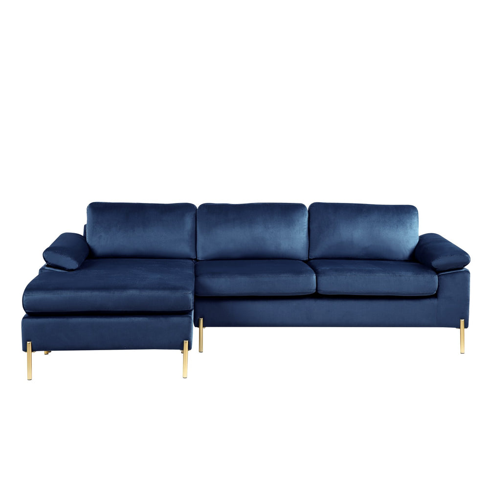 English Elm Shannon Plush Velvet Sectional Sofa with Chaise — L-Shaped Modern Design, Removable Cushions, Foam Support Blue B102S00012