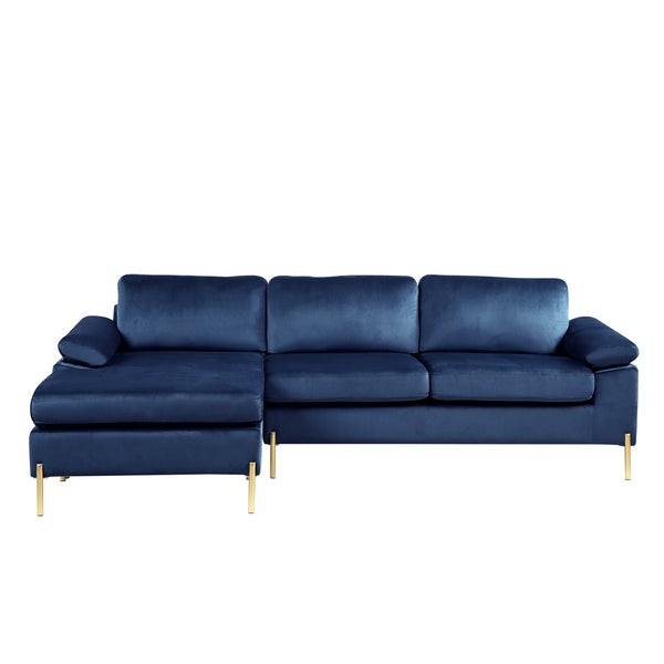 English Elm Shannon Plush Velvet Sectional Sofa with Chaise — L-Shaped Modern Design, Removable Cushions, Foam Support Blue B102S00012