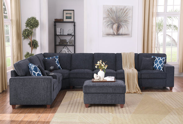 English Elm Lily Chenille Sectional Sofa with Ottoman, Black | USB Cupholder Console, Removable Cushions, Modular B102S00033