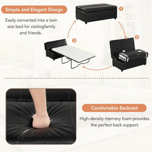English Elm Twin Folding Ottoman Guest Sleeper Pu Leather Convertible Bed for Studio Apartments Black Pu WF307724AAB