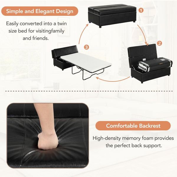 English Elm Twin Folding Ottoman Guest Sleeper Pu Leather Convertible Bed for Studio Apartments Black Pu WF307724AAB