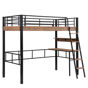 English Elm Metal Twin Loft Bed with Built-In Desk, Storage Shelf & Ladder — Industrial Space-Saving Design, Sturdy GX001119AAB